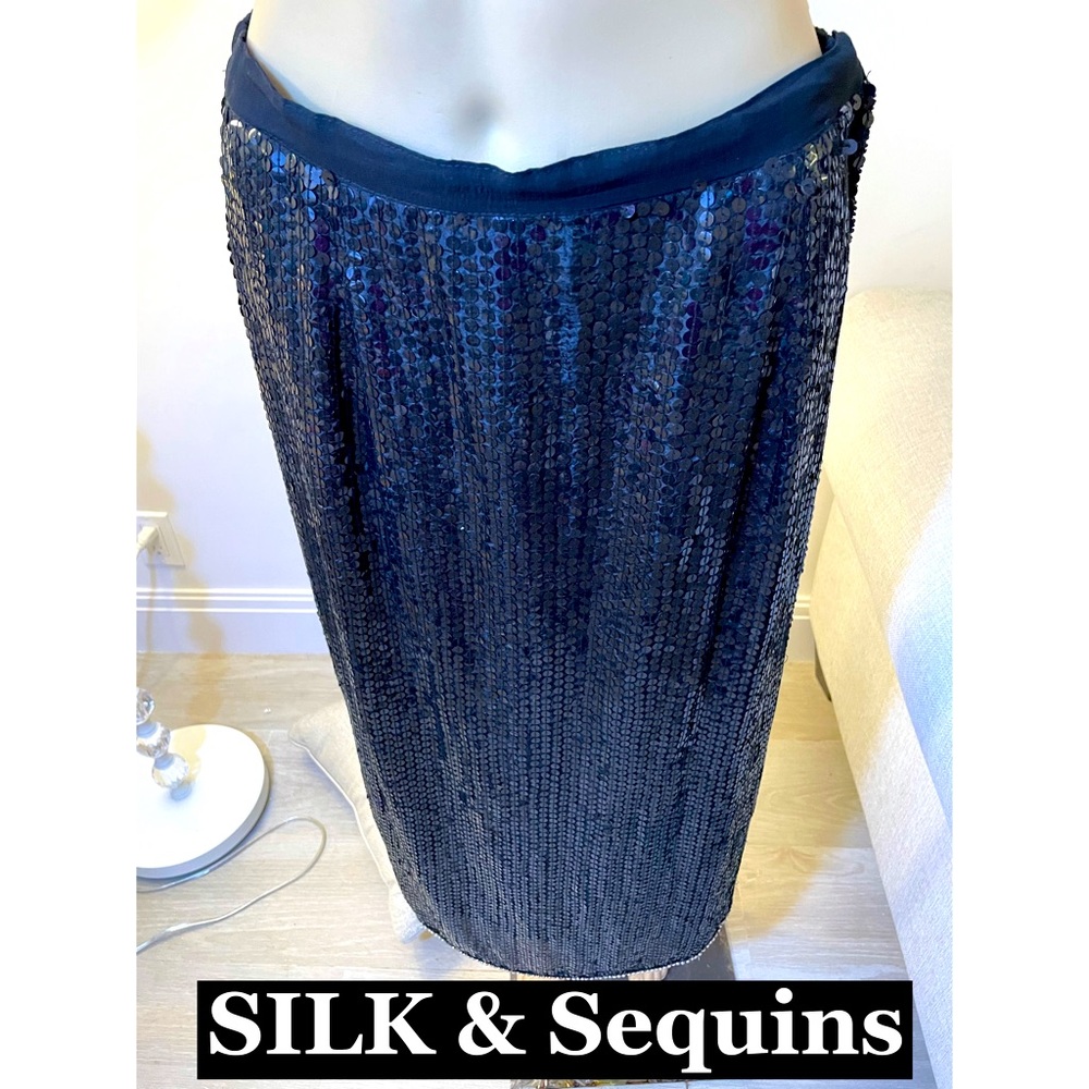 Black Pure Silk & Sequined Maxi Straight Lined Skirt. Sz M. Like New